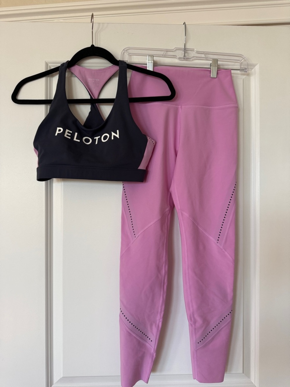 Peloton Navy Sports Bra with Pink Leggings